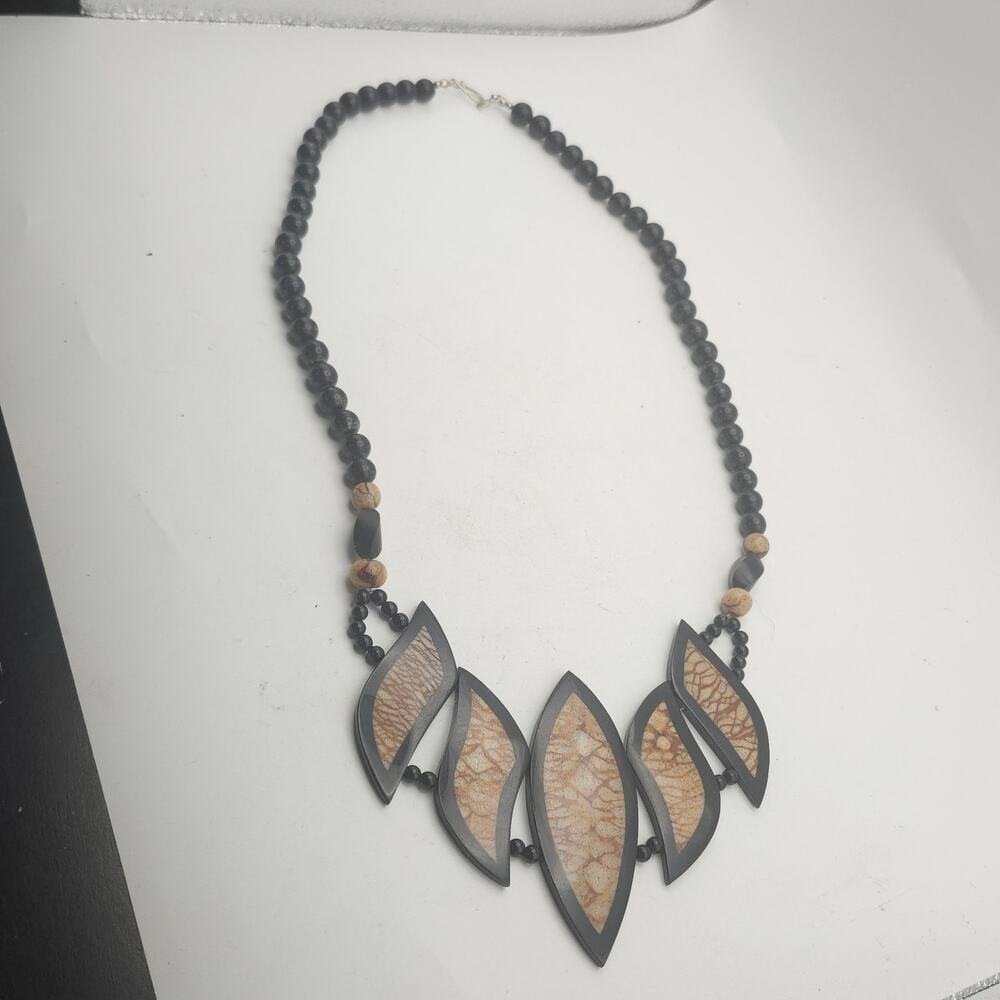 Philippines Black Beaded Statement Necklace Marquise Leaf Boho Artisan Collar